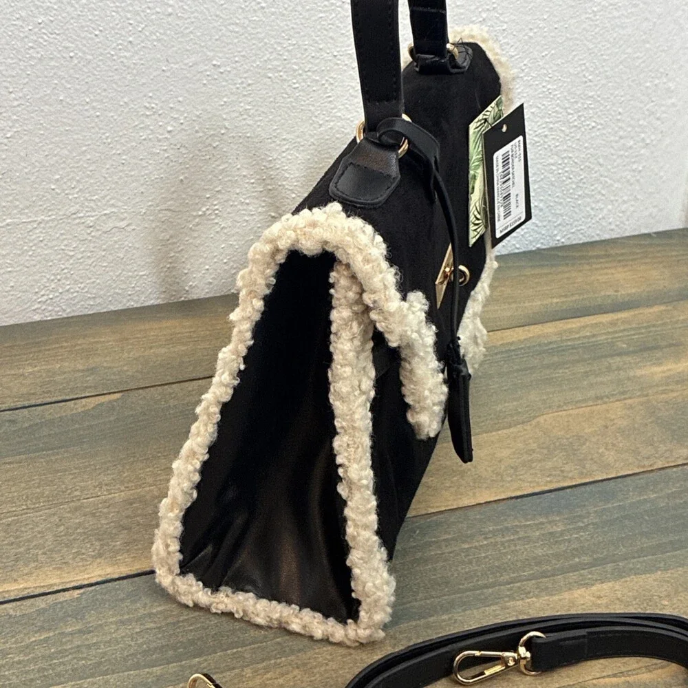 Badgley Mischka NWT Shearling Faux Fur Satchel Crossbody Black Handbag(ST) - Picture 4 of 10
